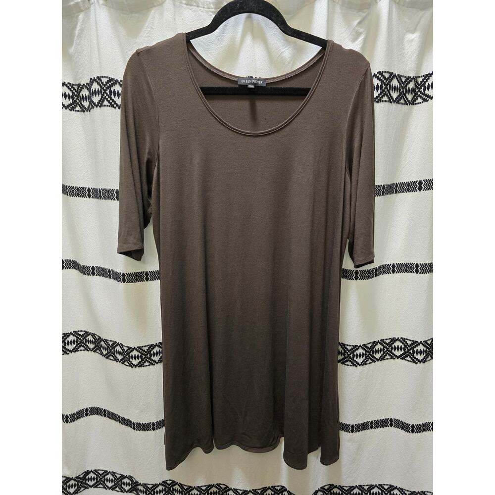 Eileen Fisher brown scoop‎ neck elbow sleeve mini tunic dress large normcore
